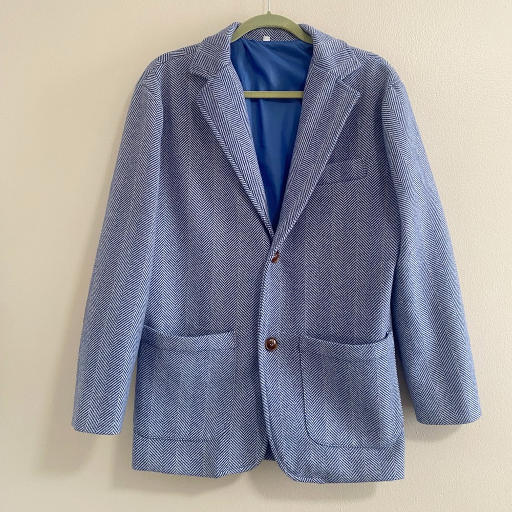 Blue and White Herringbone Blazer with Elbow Pads Size Medium - Picture 1 of 5